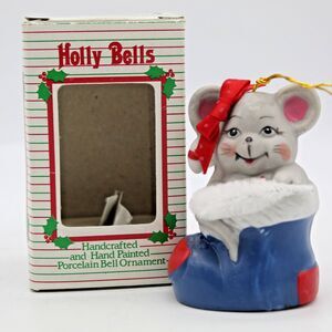 Holly Bells Porcelain Mouse Stocking Bell Ornament Vintage 1986 Original Box b